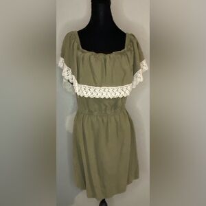 Olive Green Dress with Lace Trim